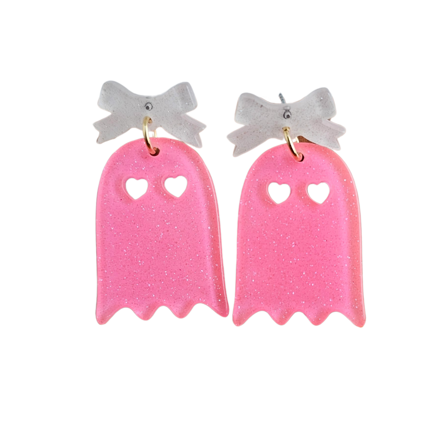 Bow Ghost Earrings - Pink Glitter