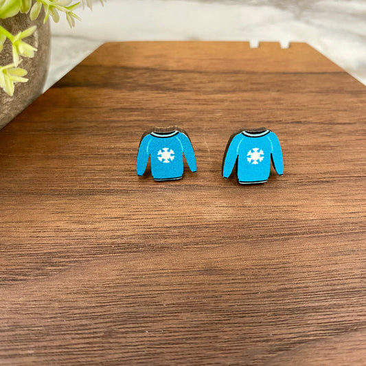 Wooden Stud Earrings - Christmas - Blue Sweater