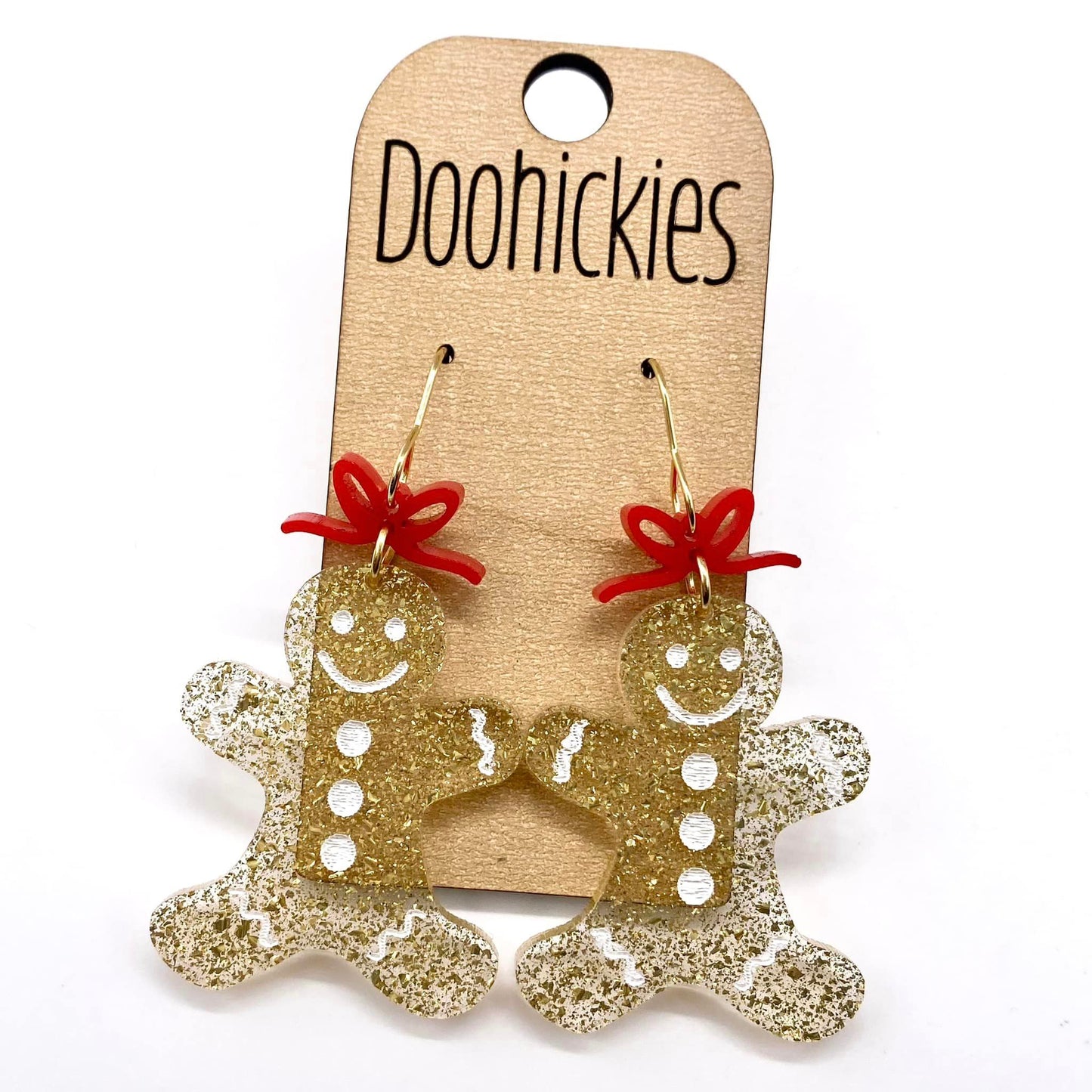 2" Red Bow and Gingerbread Dangles - Christmas Acrylic Earrings