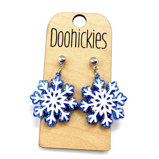 1.25" White and Blue Sparkle Glitter Acrylic Snowflakes - Christmas Earrings