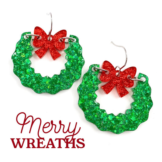 Red and Green Merry Wreath Dangles - Christmas Earrings