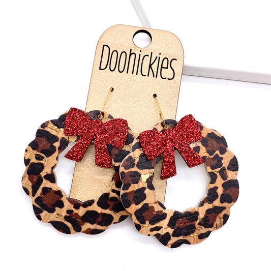 2" Red Glitter Bow and Leopard Wreaths Dangles - Christmas Earrings