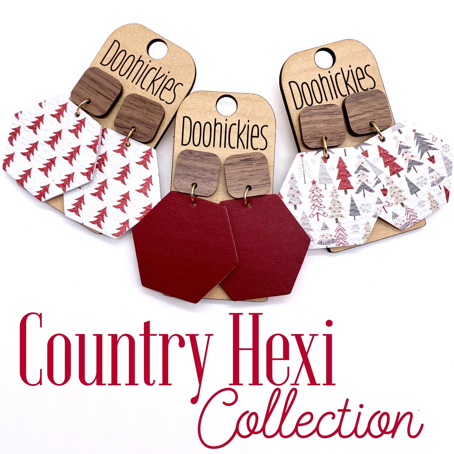 2" Walnut Cubes & Country Hexi Collection - Christmas Dangle Earrings