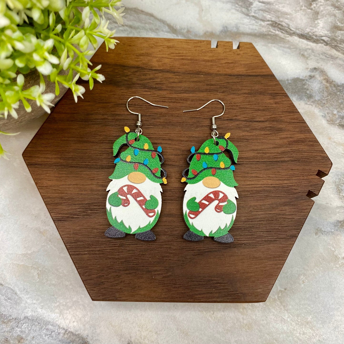 Wooden Dangle Earrings - Christmas - Gnome Candy Cane