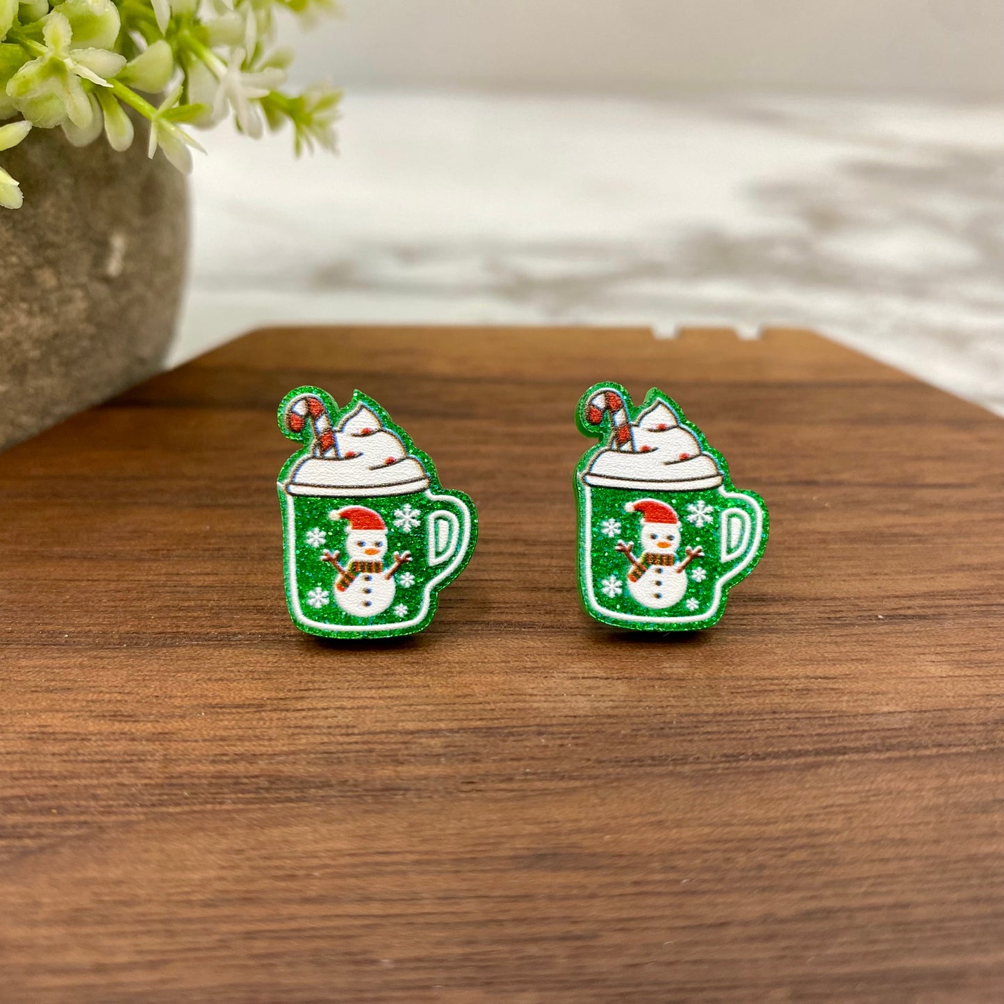 Acrylic Stud Earrings - Christmas - Green Mug Cocoa