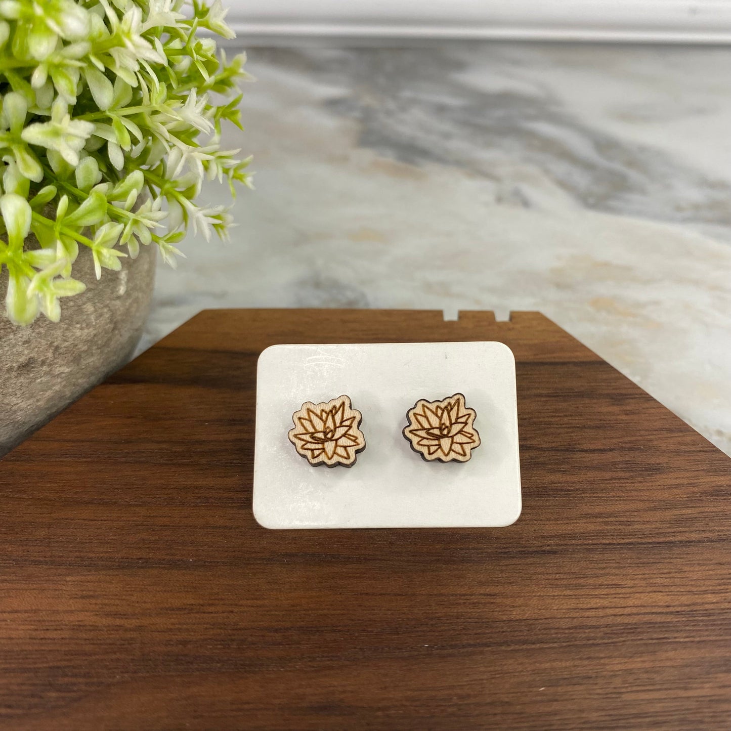 Wooden Stud Earrings - Succulent #1