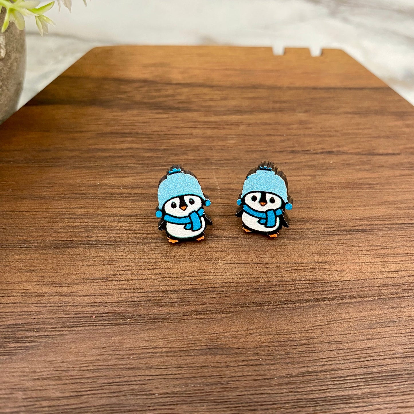 Wooden Stud Earrings - Christmas - Penguin #1