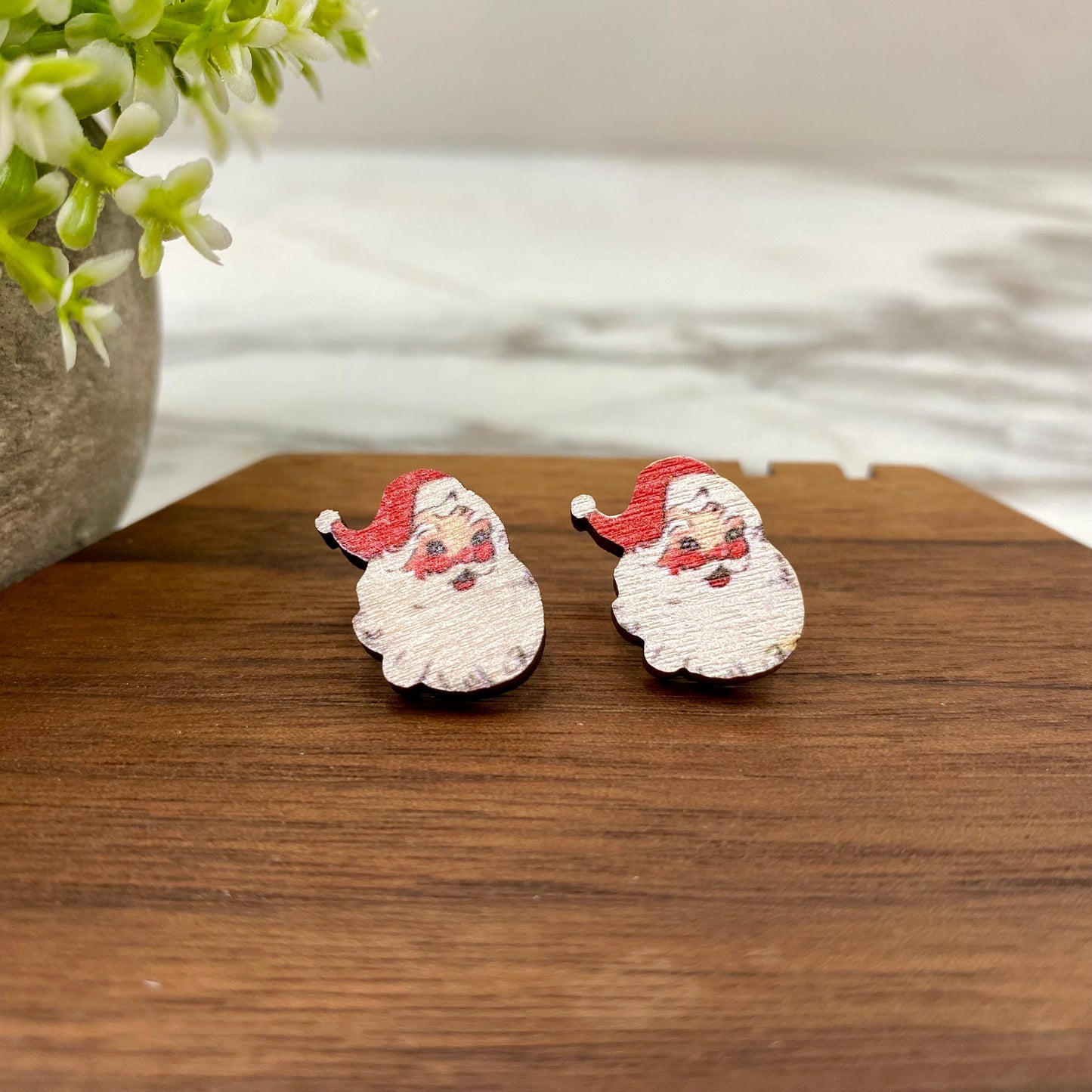 Wooden Stud Earrings - Christmas - Santa #4