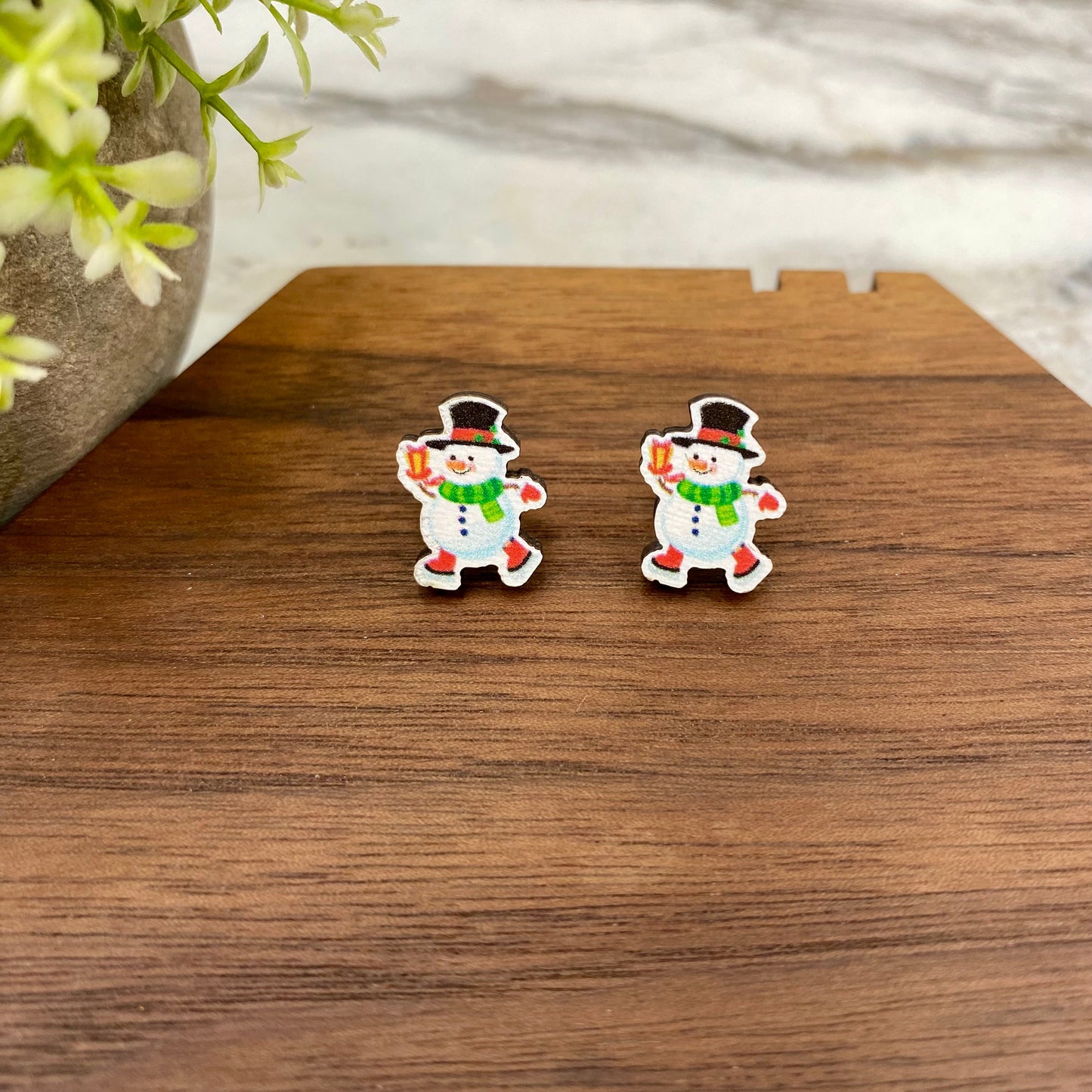 Wooden Stud Earrings - Christmas - Snowman