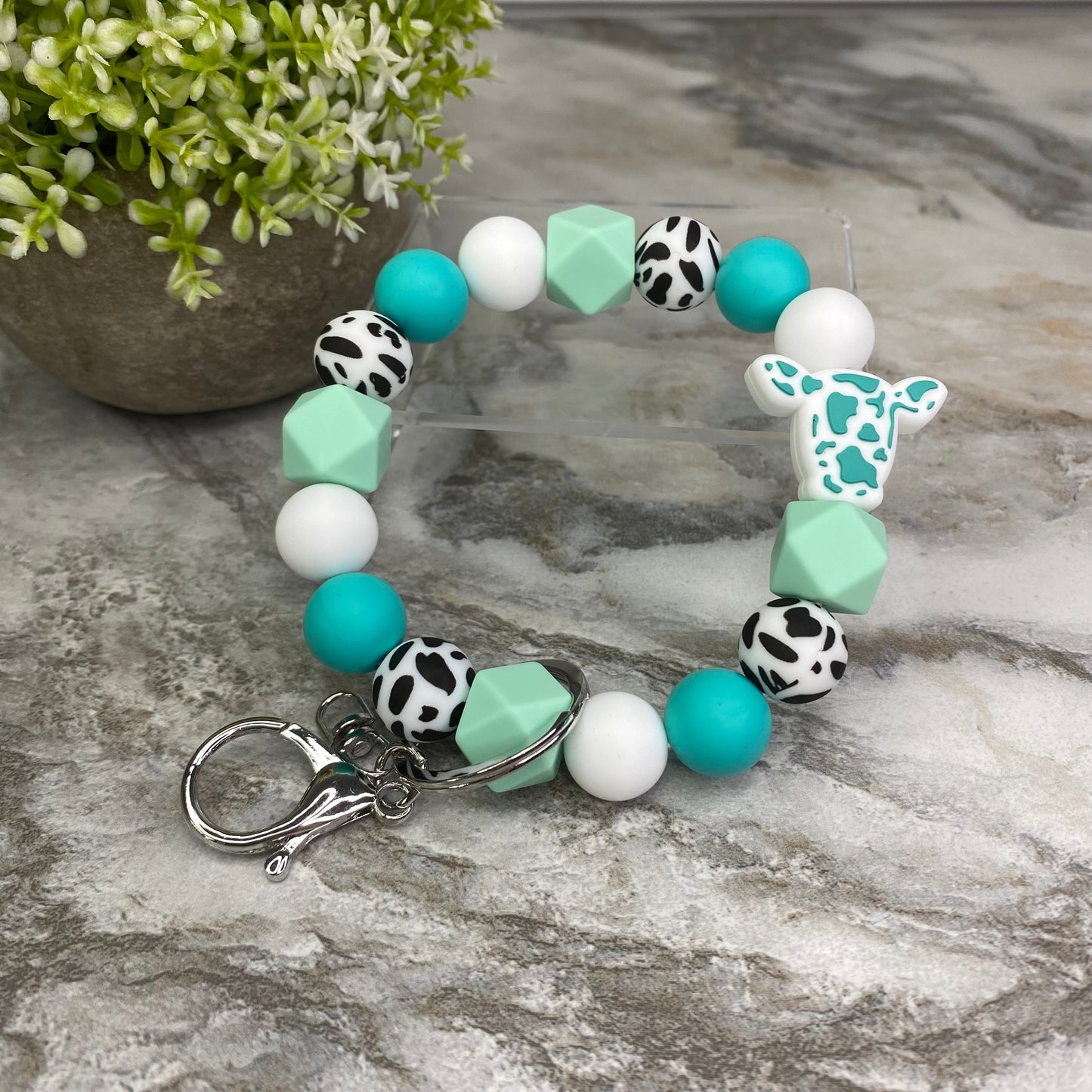 Silicone Bead Bracelet Keychain - Cow Designs