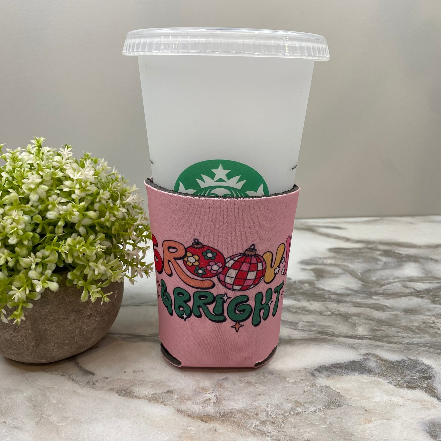 Neoprene Cup Holder Can Koozie Tumbler - Christmas - Pink Groovy/Twisted