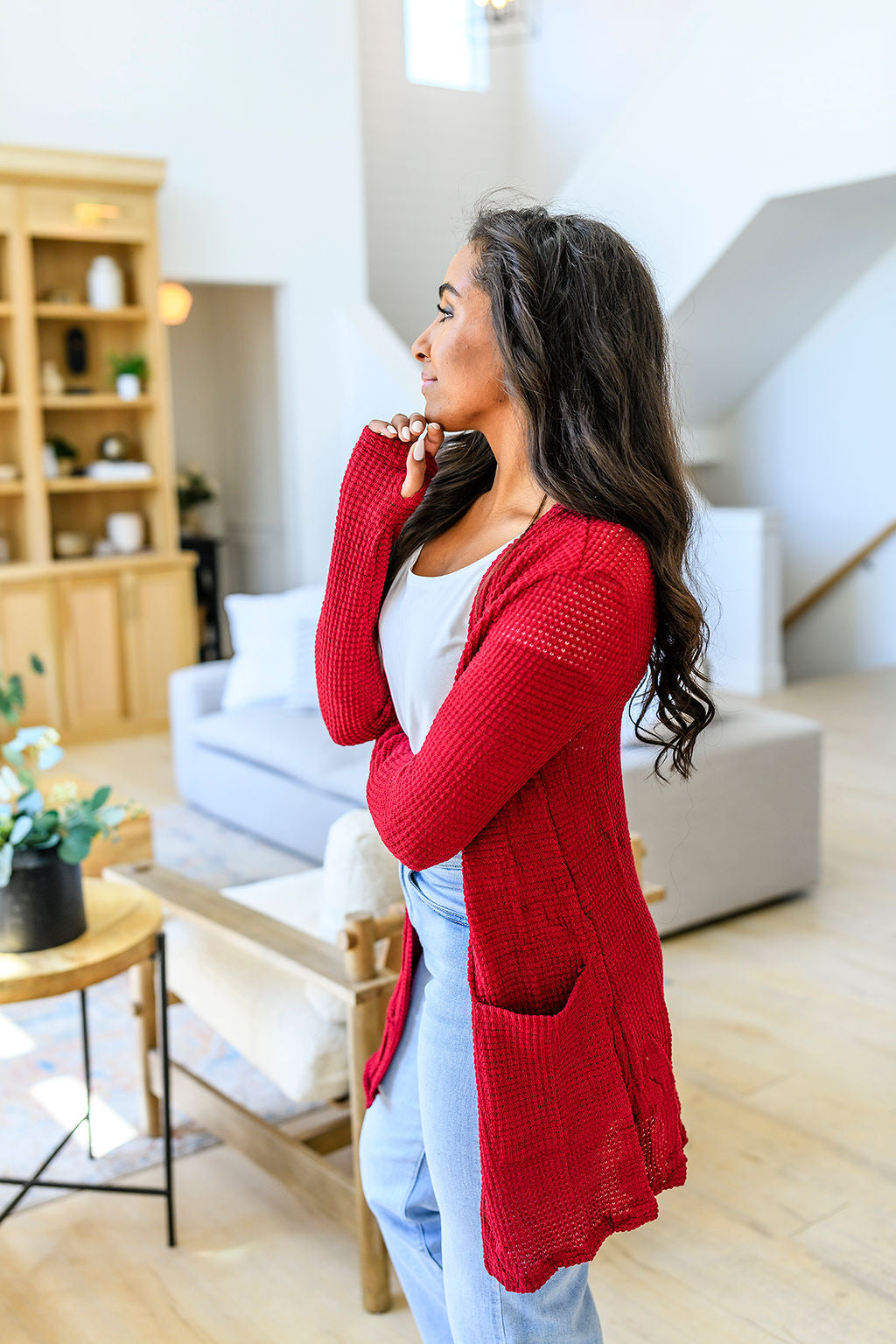 Bonnie Waffle Cardigan w/Thumbholes - Burgundy