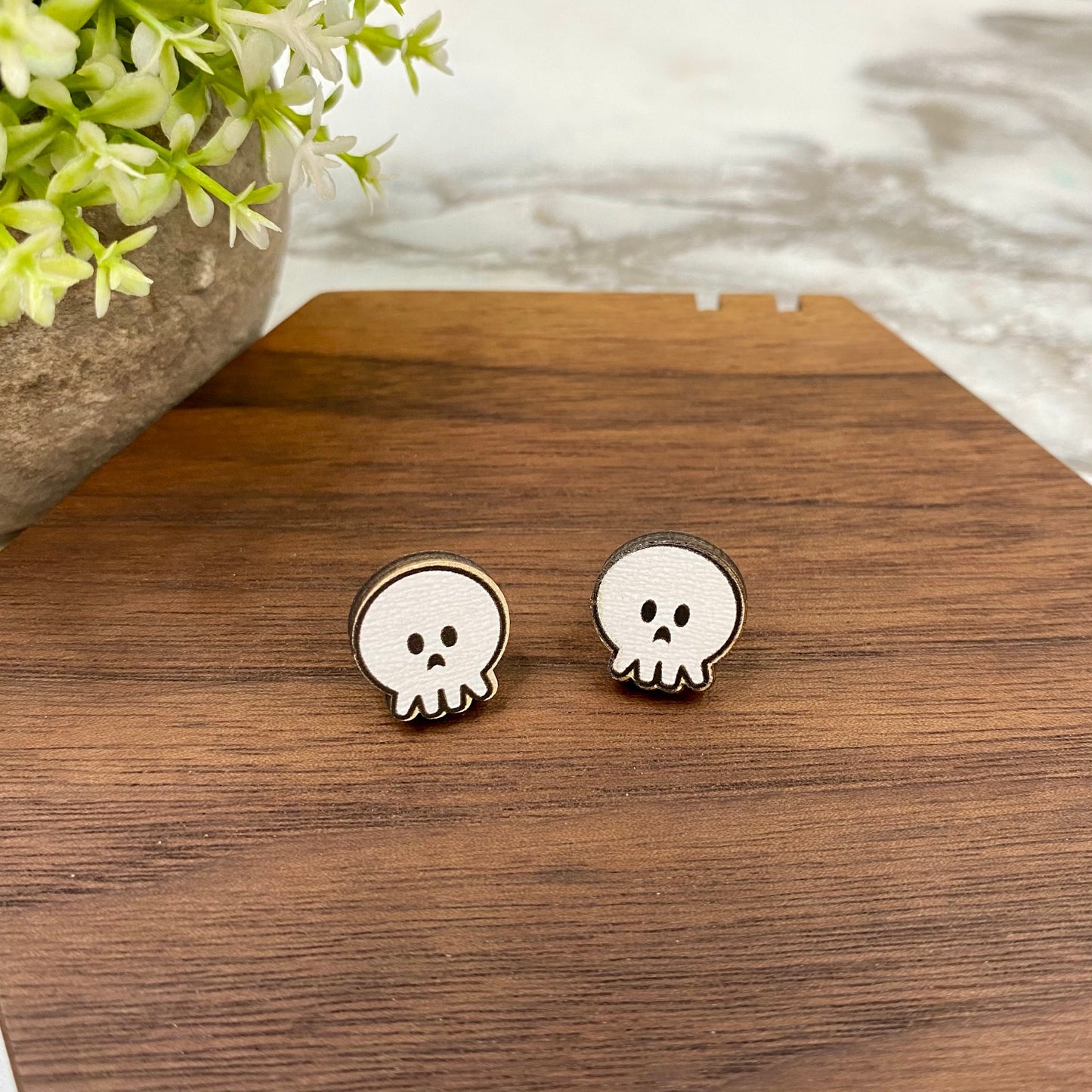 Wooden Stud Earrings - Halloween - Squiggly Ghost