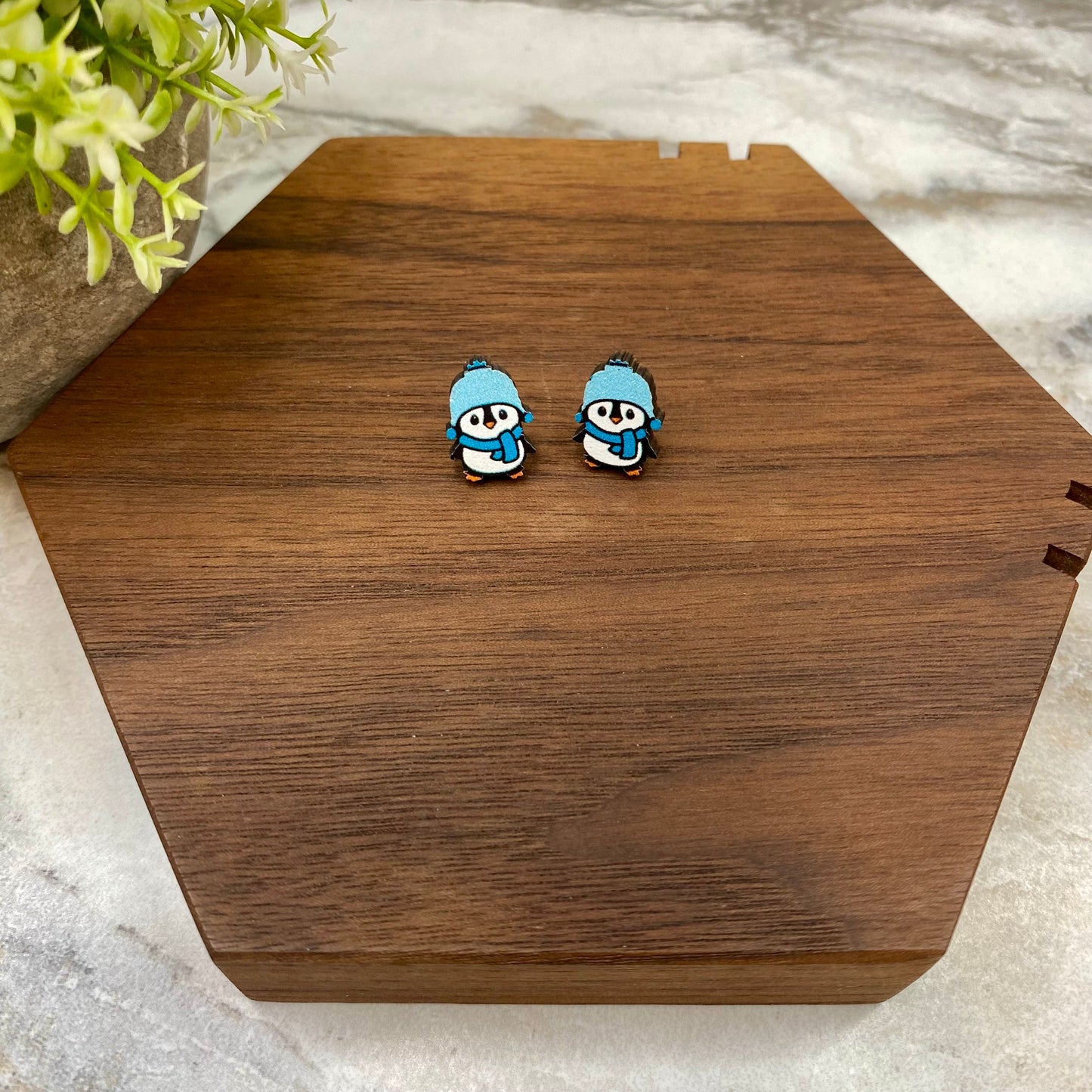 Wooden Stud Earrings - Christmas - Penguin #1