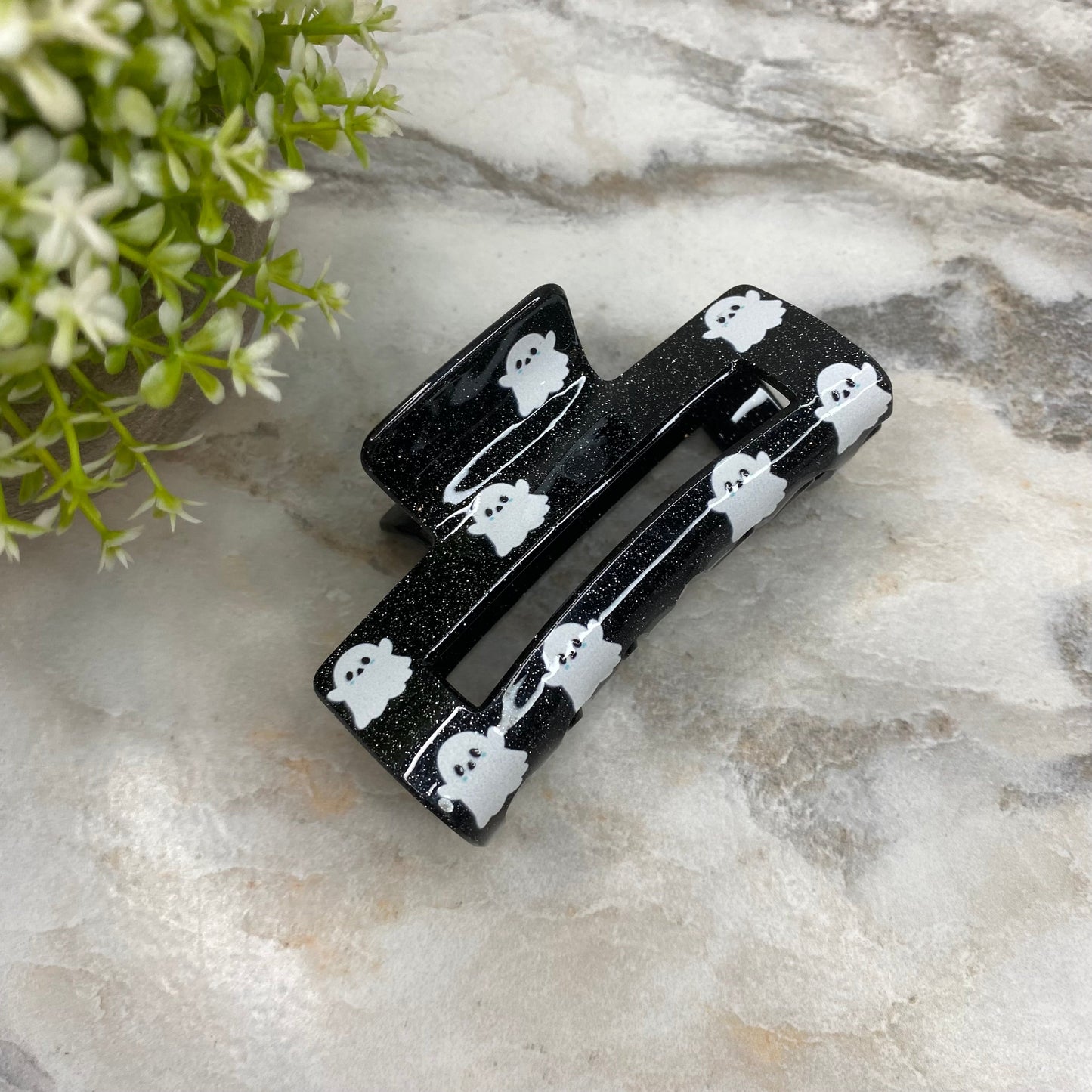 Hair Clip - Black Glitter with Ghosts Halloween