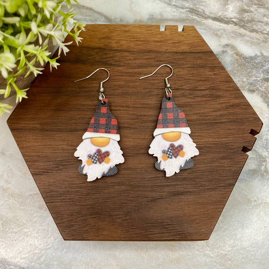 Wooden Dangle Earrings - Christmas - Gnome Plaid Hearts