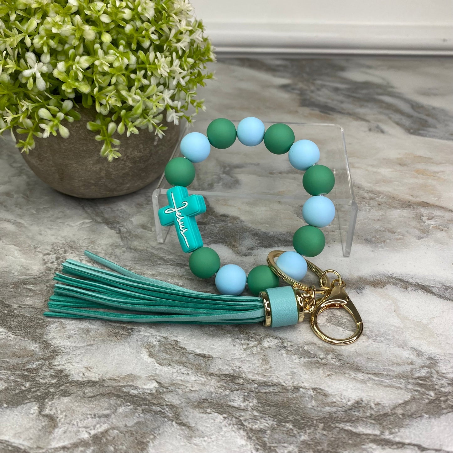 Silicone Bracelet Keychain - Jesus, Green & Sky Blue