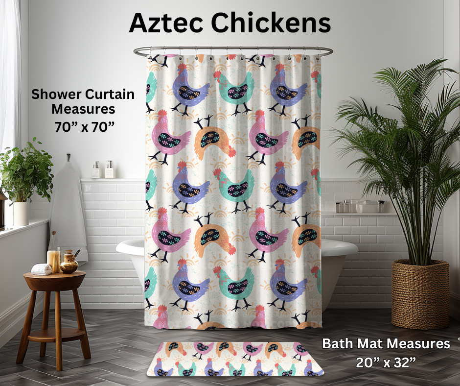 Preorder! Closes 1/6. ETA March. Aztec Chickens Custom Shower Curtain and/or Bath Mat