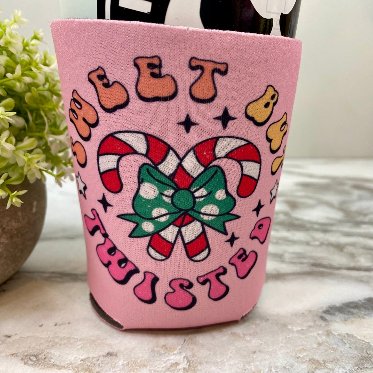 Neoprene Cup Holder Can Koozie Tumbler - Christmas - Pink Groovy/Twisted