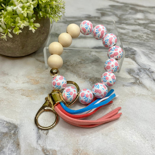 Wood Bracelet with Tassel Keychain - Coral Blue Floral