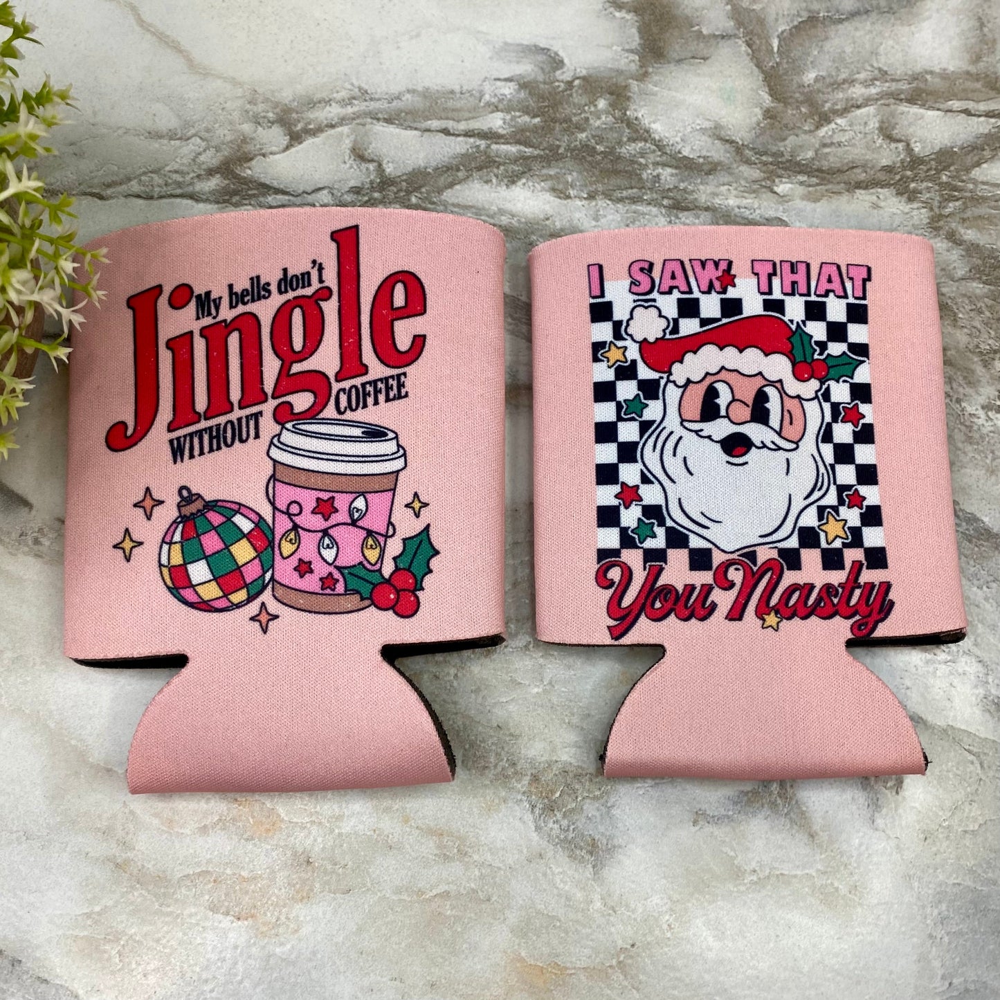 Neoprene Cup Holder Can Koozie Tumbler - Christmas - Pink Jingle/Nasty