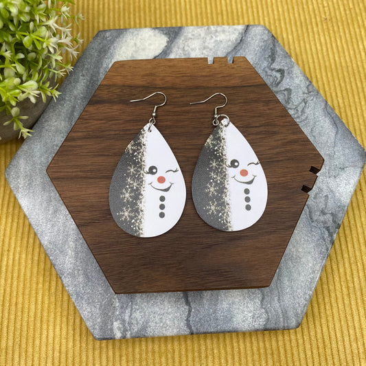 Faux Leather Earrings - Christmas - Winky Face Snowman