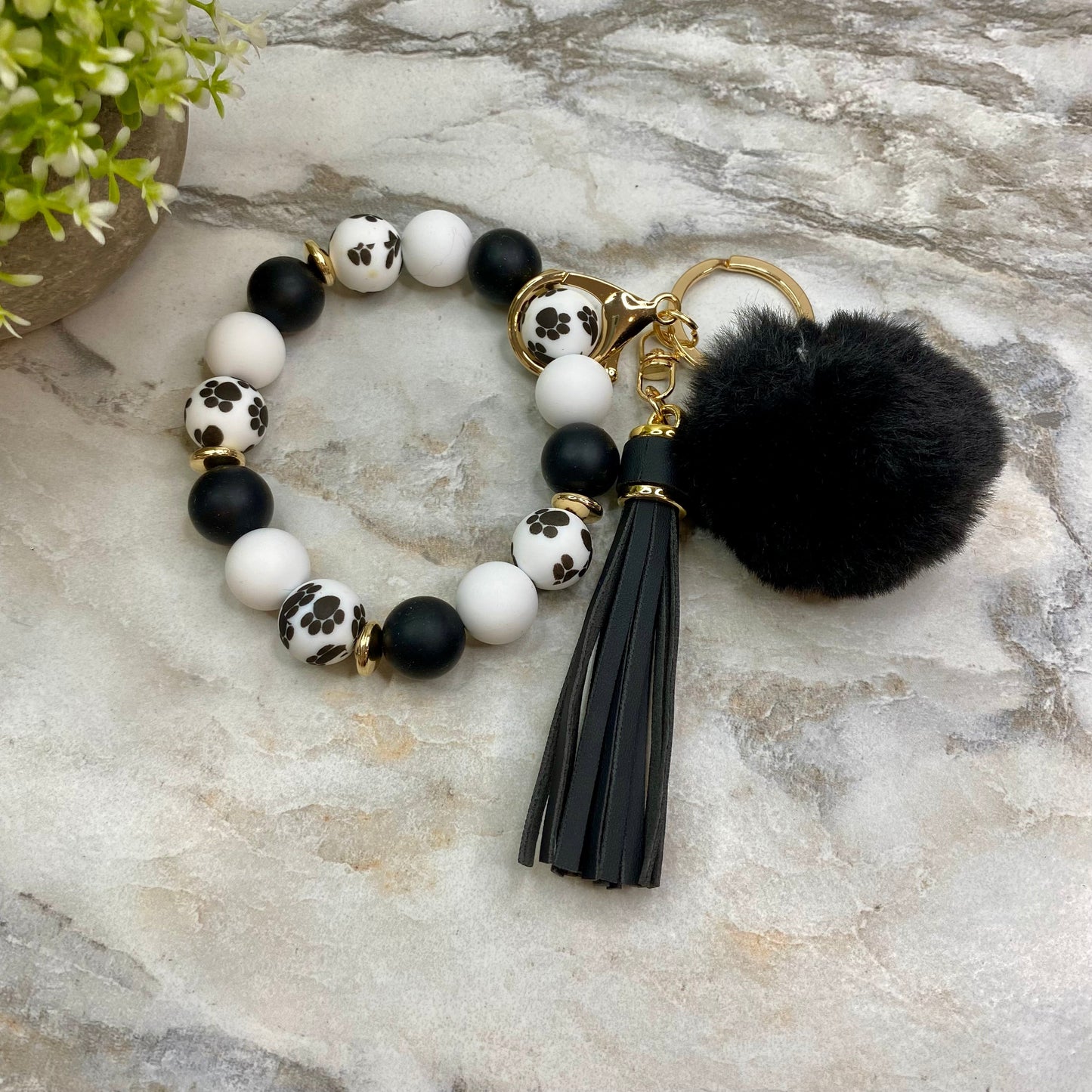 Silicone Bracelet Keychain - Tassel & Pom Pom- Black & White Paw