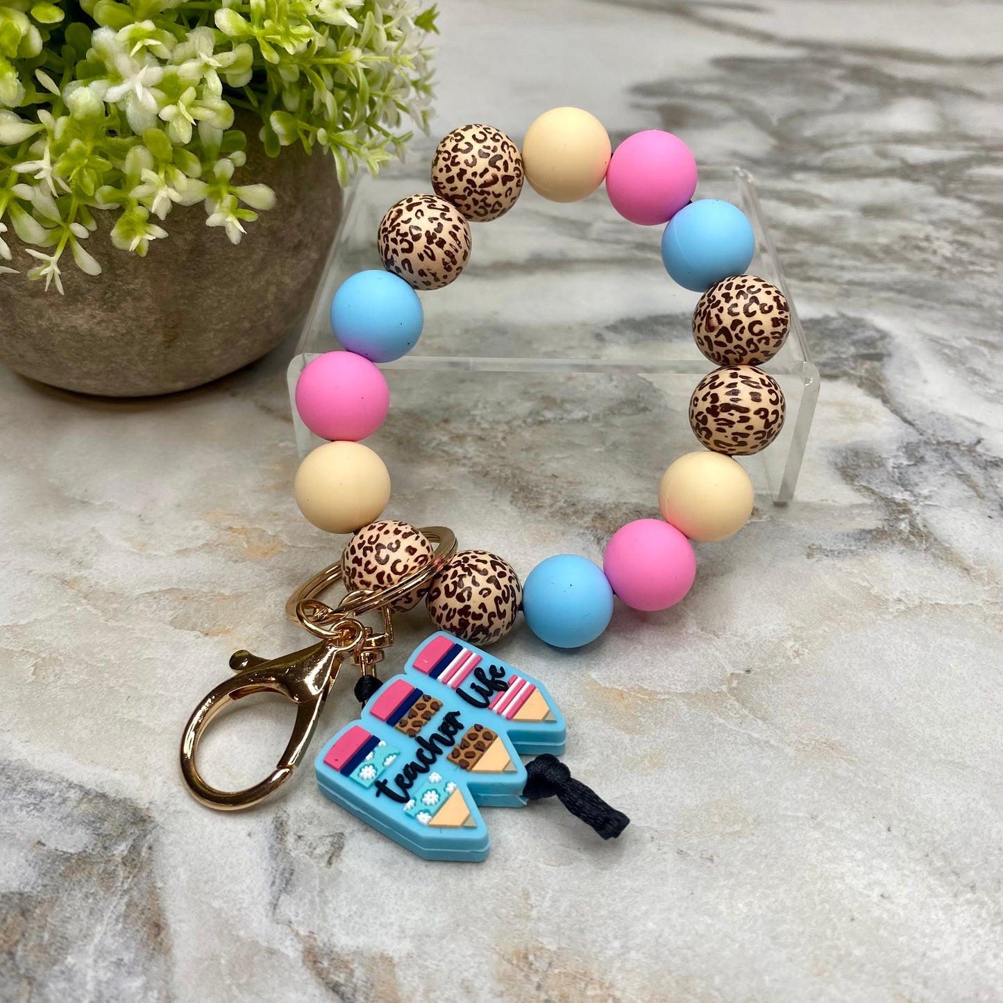 Silicone / Wood Bracelet Keychain - Teacher Life