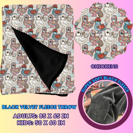 CHICKENS - SOFT BLACK FLEECE THROWS 7 - PREORDER CLOSING 1/13