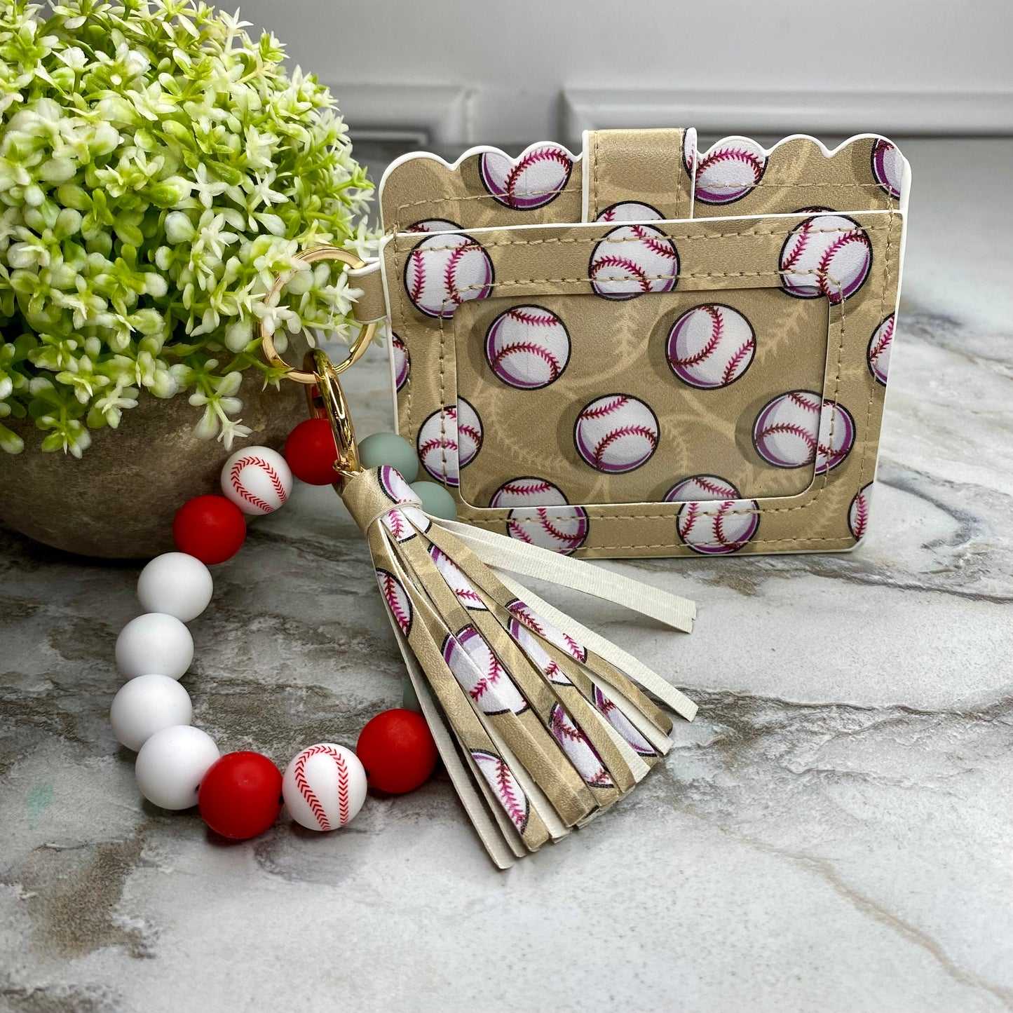 Silicone Bracelet Keychain with Scalloped Card Holder - Baseball Tan