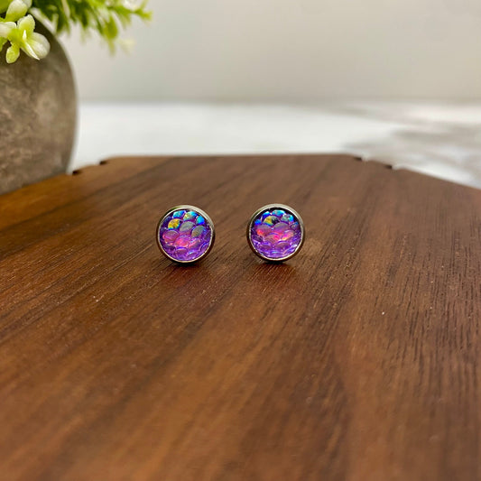 Druzy Stud Earrings - Mermaid 8mm - Purple