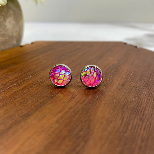 Druzy Stud Earrings - Mermaid 8mm - Pink