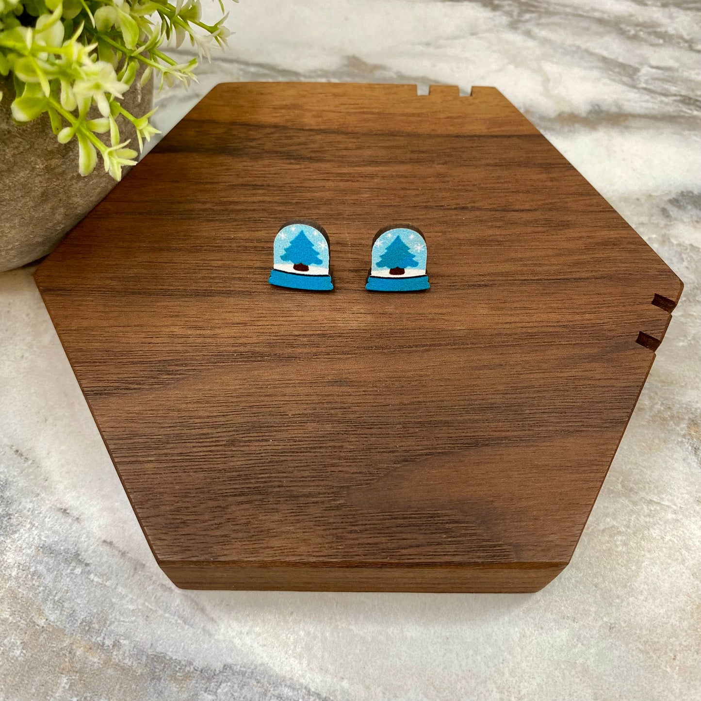 Wooden Stud Earrings - Christmas - Snow Globe