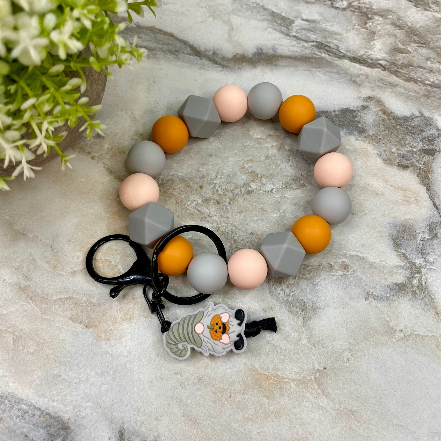 Silicone Bracelet Keychain - Halloween - Gnome Pumpkin Orange Grey