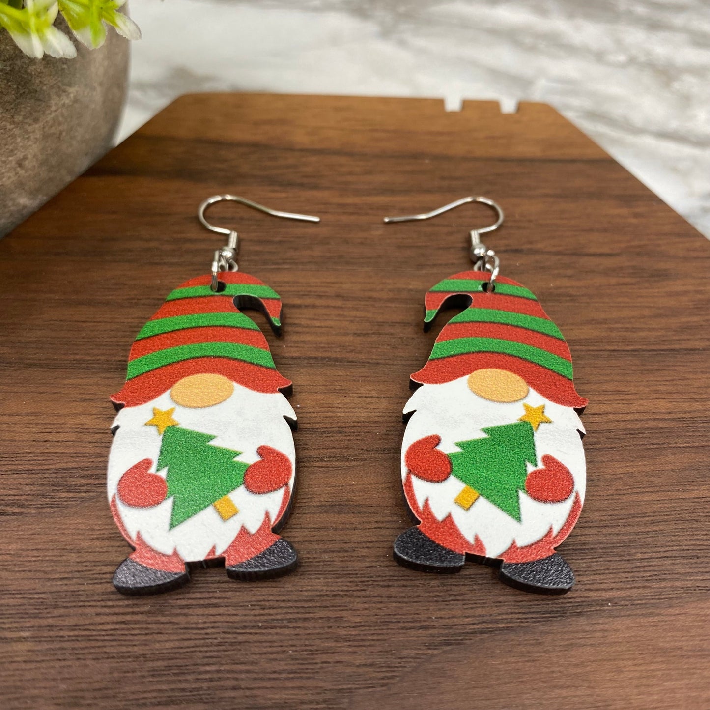 Wooden Dangle Earrings - Christmas - Gnome Tree