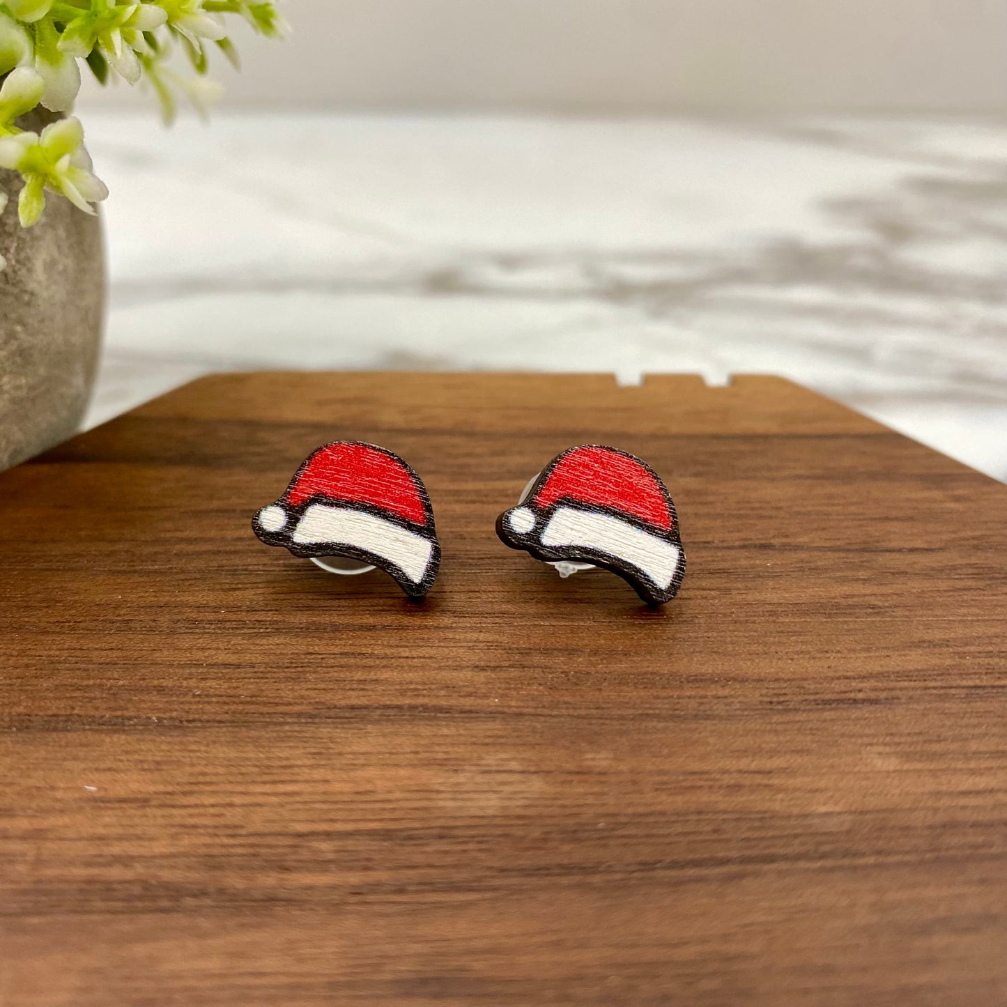 Wooden Stud Earrings - Christmas - Santa Hat #2