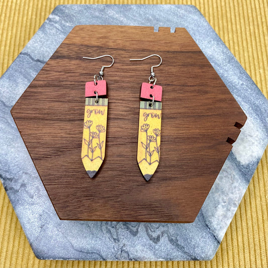 Wooden Dangle Earrings - Teacher - Pencil Grow