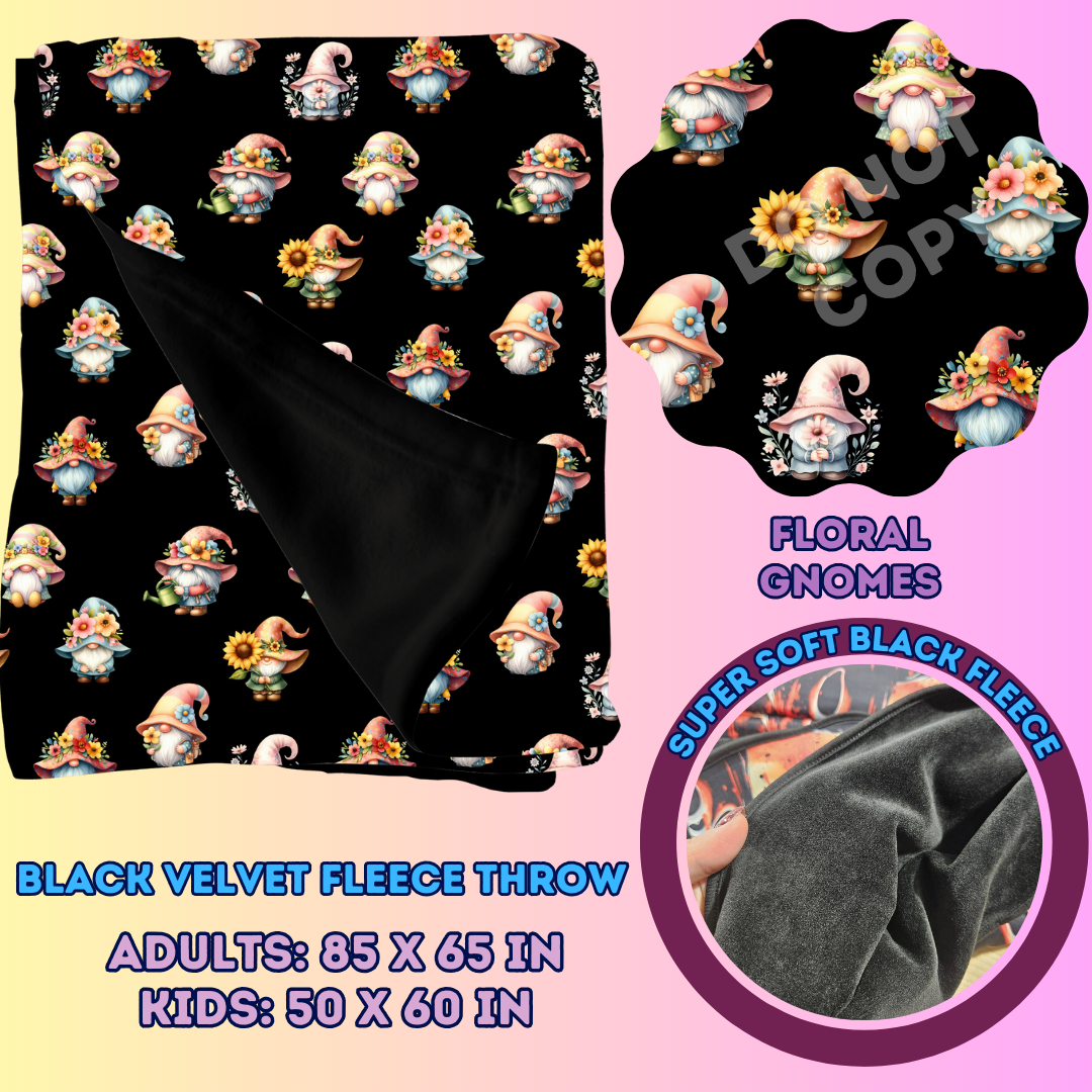 FLORAL GNOMES - SOFT BLACK FLEECE THROWS 7 - PREORDER CLOSING 1/13