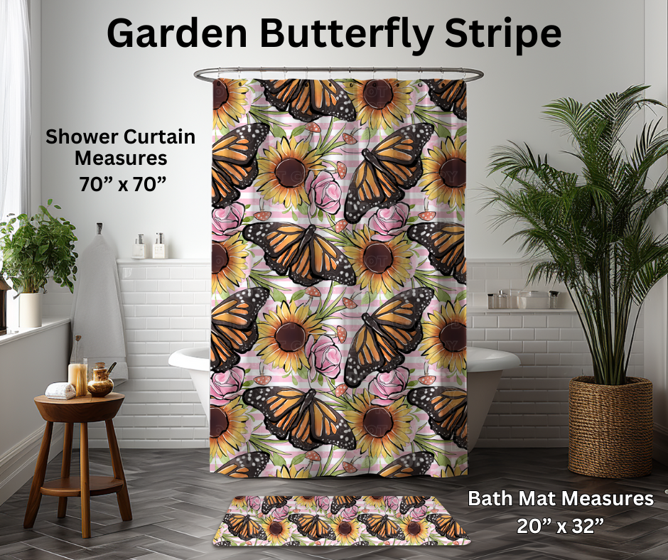 Preorder! Closes 1/6. ETA March. Garden Butterfly Stripe Custom Shower Curtain and/or Bath Mat