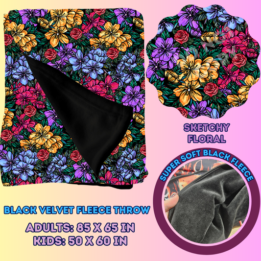 SKETCHY FLORAL - SOFT BLACK FLEECE THROWS 7 - PREORDER CLOSING 1/13