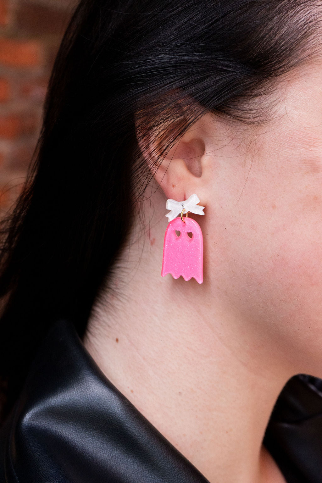 Bow Ghost Earrings - Pink Glitter