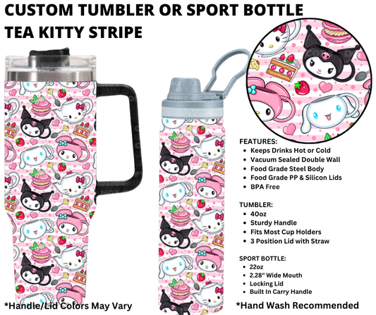 Preorder! Closes 1/1. ETA March. Tea Kitty Stripe Custom Tumbler or Sport Bottle