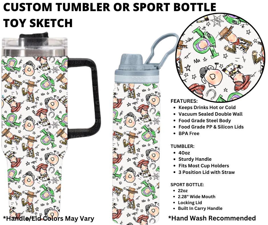 Preorder! Closes 1/1. ETA March. Toy Sketch Custom Tumbler or Sport Bottle