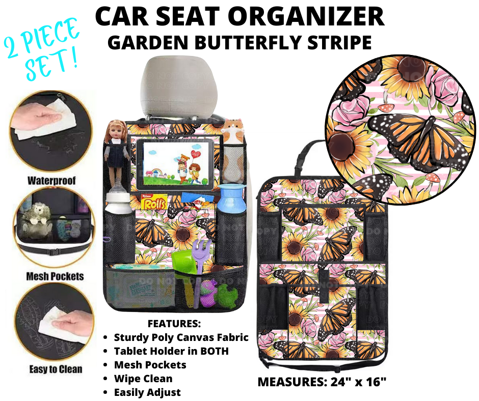 Preorder! Closes 1/2. ETA March. Garden Butterfly Stripe Car Seat Organizer 2 Piece Set