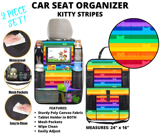 Preorder! Closes 1/2. ETA March. Kitty Stripes Car Seat Organizer 2 Piece Set