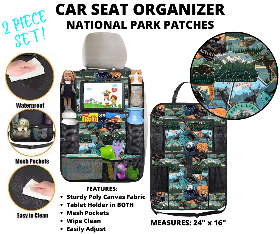 Preorder! Closes 1/2. ETA March. National Park Patches Car Seat Organizer 2 Piece Set